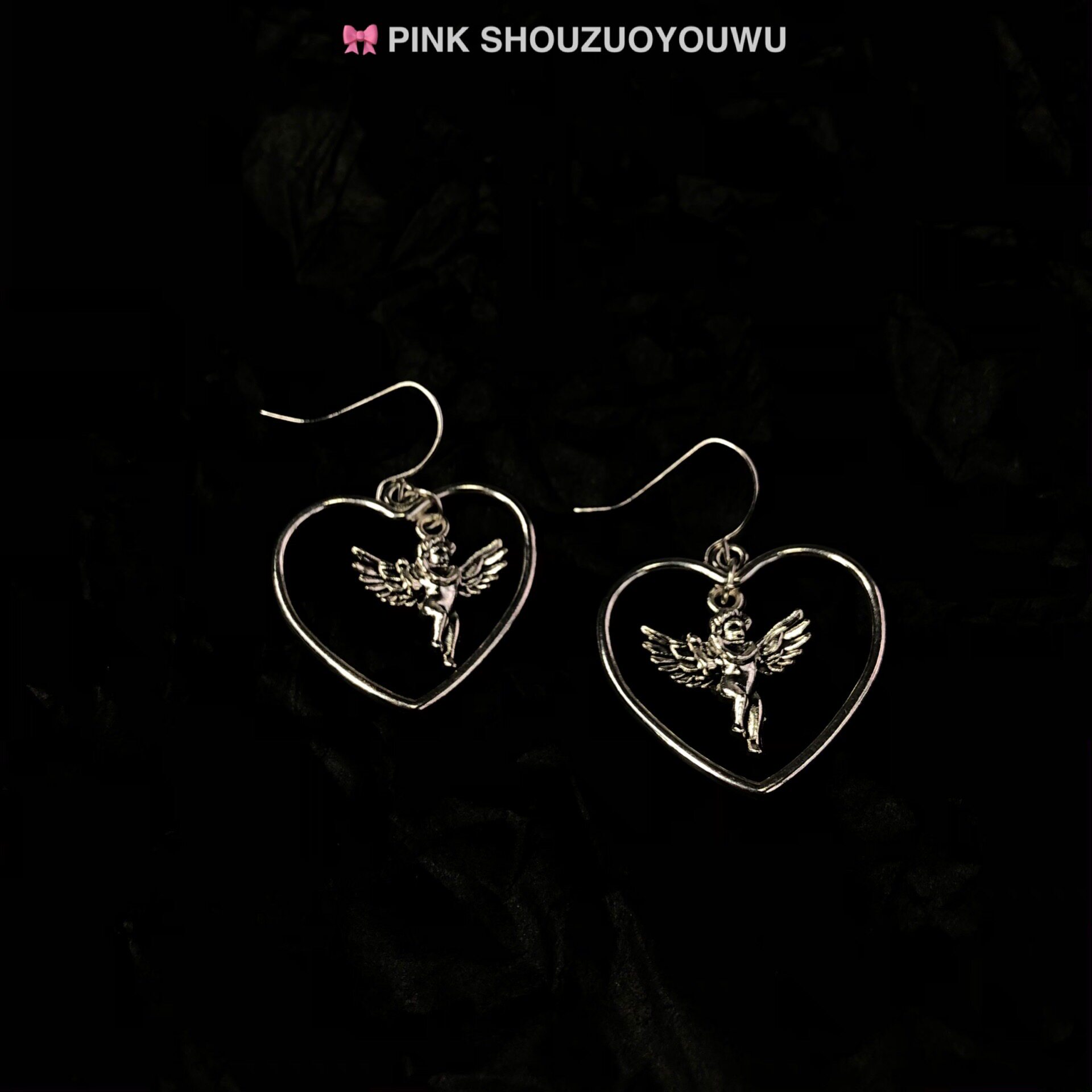 PINK-原创自制冷淡风简约复古合金金属天使丘比特爱心925耳钩耳夹