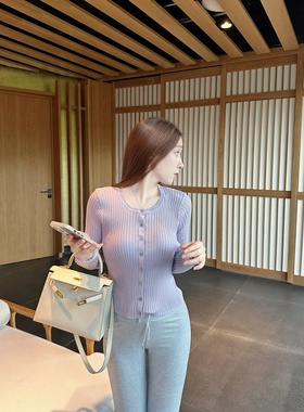 【Dear zhazha】舒适慵懒感~雾紫色修身圆领薄款长袖冰麻针织开衫