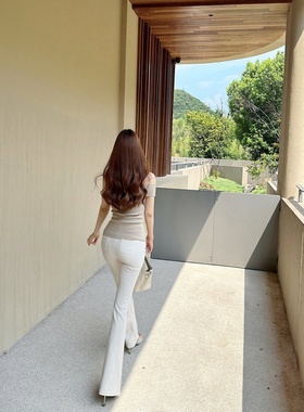 【Dear zhazha】高智感神裤~韩模修身高腰西装米白色微喇叭长裤