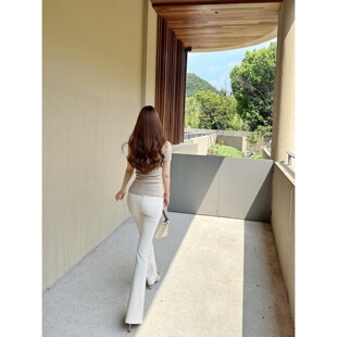 Dear 高腰西装 zhazha 韩模修身 米白色微喇叭长裤 高智感神裤