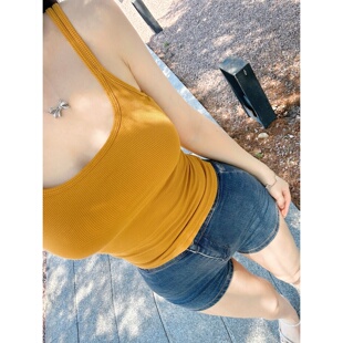 Dear 外扩胸垫外穿短款 zhazha 姜黄色修身 背心吊带 万能升cup