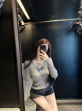 【Dear zhazha】老钱欧尼~韩女纯欲修身灰色大V领坑条打底针织衫