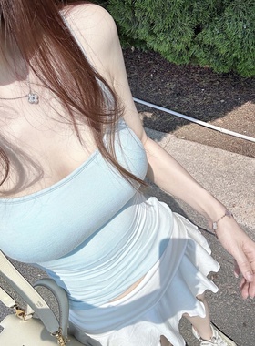 【Dear zhazha】清纯漫画胸~纯欲修身外穿浅蓝色外扩胸垫吊带背心