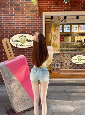 【Dear zhazha】漫画腿芭比裤~浅蓝色修身高腰包臀热裤牛仔超短裤