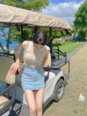 Dear zhazha 韩国纯欲气质修身 米色半高领微透打底薄短袖 T恤