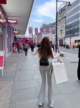 【Dear zhazha】长腿天菜比例~紧身包臀高腰弹力瑜伽灰色微喇长裤