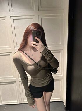 【Dear zhazha】自留好穿~纯欲修身大圆领U领面膜t长袖打底衫T恤