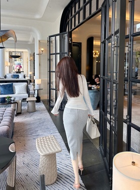 【Dear zhazha】淡人格调~高腰修身浅灰色中长裙卫裙开叉半身裙