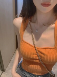 Dear 大方领橘色针织无袖 zhazha 纯欲修身 吊带短背心 加州辣妹