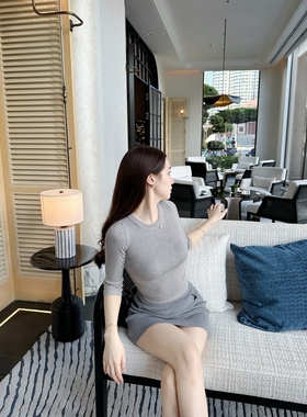 【Dear zhazha】人间香榭~纯欲修身韩女两件套灰色七分袖针织上衣