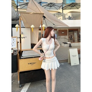 初恋情书 zhazha 纯欲修身 大U领圆领短款 T恤 针织白色半袖 Dear