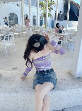 【Dear zhazha】甜辣正妹~纯欲辣妹紫色连袖抹胸网纱一字肩短上衣