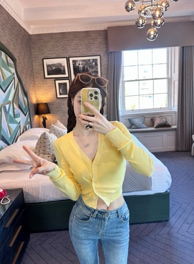 【Dear zhazha】巴洛幻想~黄色修身V领不对称纽扣冰麻薄针织开衫