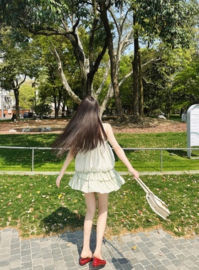 【Dear zhazha】薄荷曼波~绿色高腰防走光荷叶边半身蛋糕蓬蓬短裙