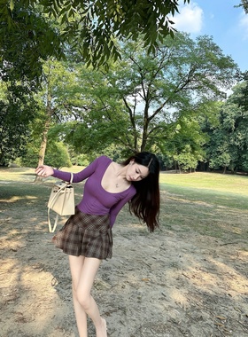 【Dear zhazha】唐顿庄园~深紫色大U领两穿修身长袖T恤打底衫上衣