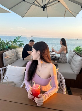 【Dear zhazha】诺丁山日落~纯欲修身粉紫色斜肩露肩薄款长袖T恤