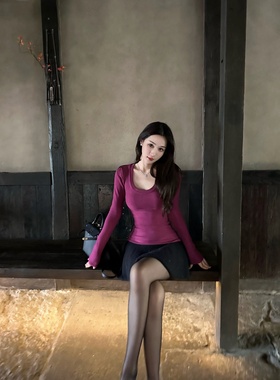 【Dear zhazha】撩心野玫~纯欲修身紫色大U领德绒磨毛长袖打底衫