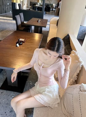 【Dear zhazha】人间珍妮~纯欲修身粉色大U领纽扣系带挂脖T恤上衣