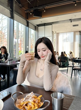 【Dear zhazha】美欲crush~纯欲修身咖杏色大U领圆领薄针织打底衫