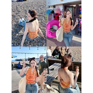 Dear 格纹大露背网纱无袖 zhazha 修身 荡领挂脖背心 布莱顿海滩