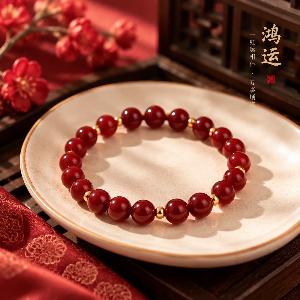 金鸿恋朱砂手串女款古法转运珠手链小金钱珠本命年工艺串珠隔珠S图片