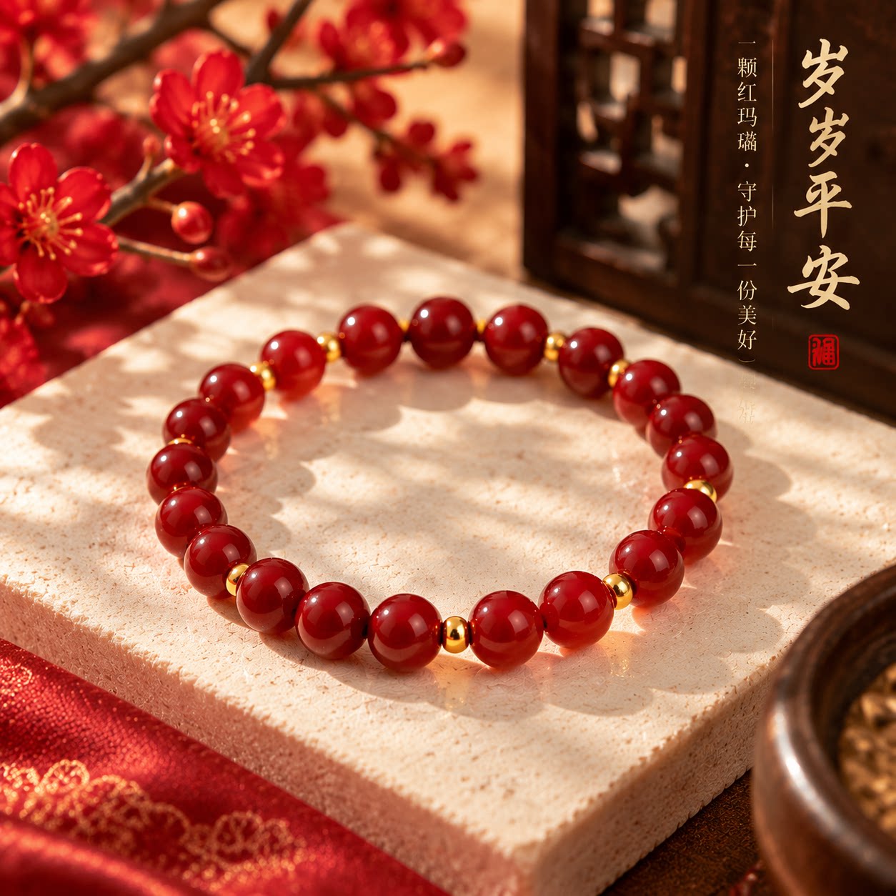金鸿恋朱砂手串女款古法转运珠手链小金钱珠本命年工艺串珠隔珠Q图片
