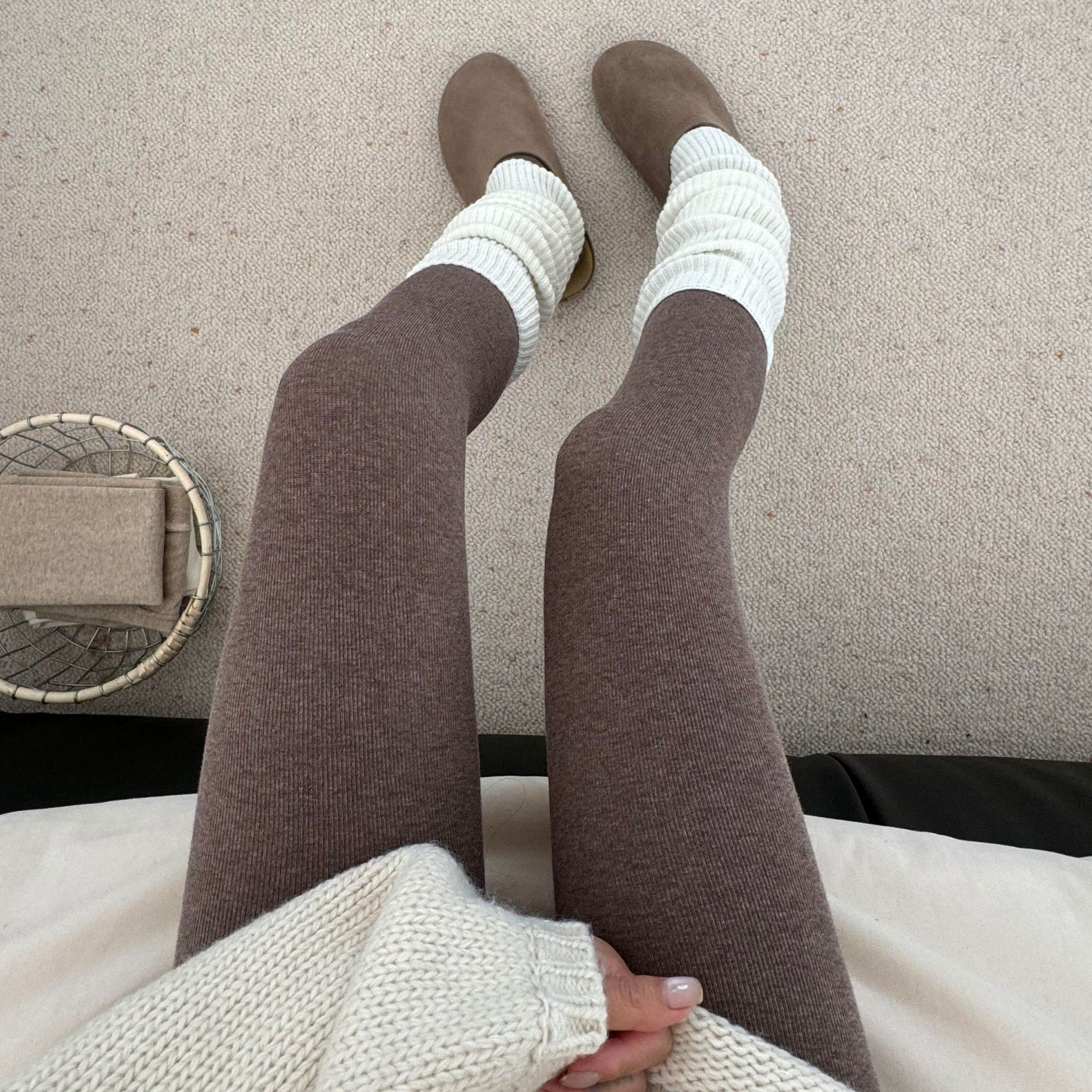 复古奶咖细条纹打底袜加绒加厚秋冬款连裤袜外穿百搭美拉德打底裤