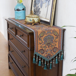 美式桌旗法式复古风蓝色客厅茶几斗柜高端电视柜餐桌装饰长条桌布