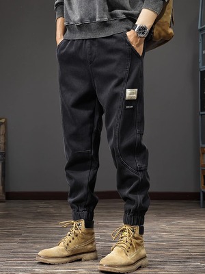 潮牌冬季拼接牛仔裤男宽松大码美式潮流长裤子加绒加厚束脚工装裤