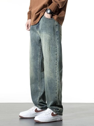 潮牌水洗覆古牛仔裤男士春秋宽松大码直筒阔腿休闲弹力刺绣长裤子