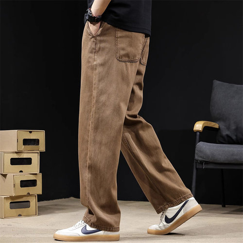 潮牌天丝莱赛尔美式牛仔裤男直筒宽松大码阔腿裤子春秋季2025新款