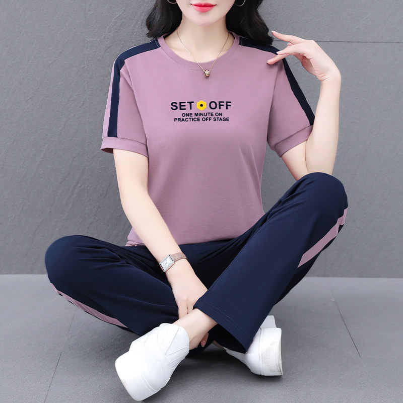 中年妈妈纯棉短袖长裤运动服套装女夏季新款跑步洋气休闲两件套