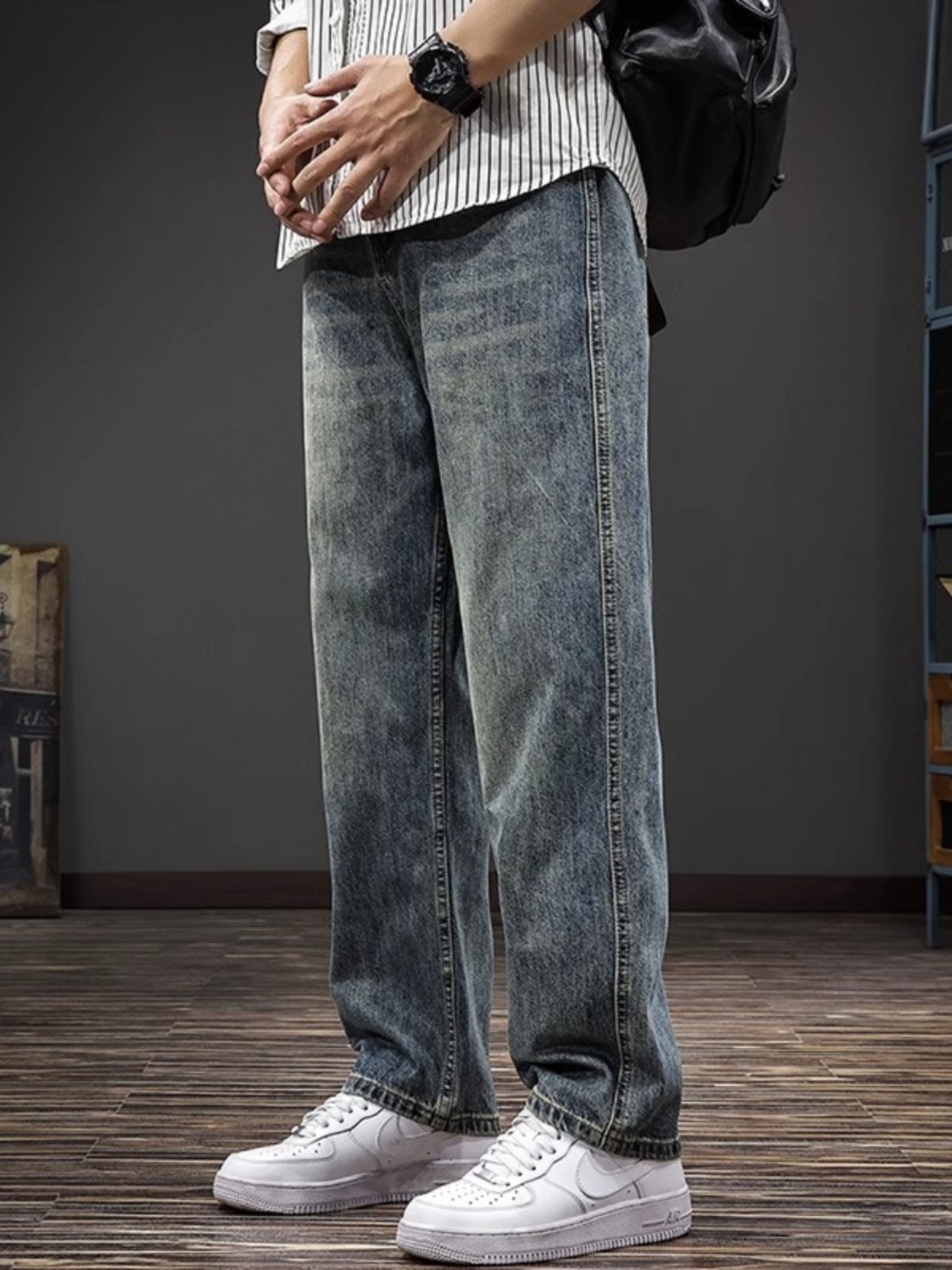 潮牌春季美式高街重磅水洗牛仔裤男百搭休闲宽松男款直筒阔腿裤子