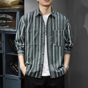潮牌2025新款春季高级感条纹长袖衬衫男日系复古百搭衬衣春秋外套