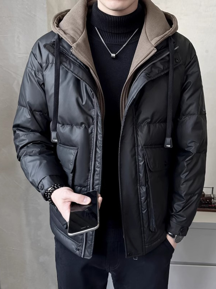 潮牌连帽PU皮羽绒服男士2025年新款冬季短款保暖加厚假两件皮外套