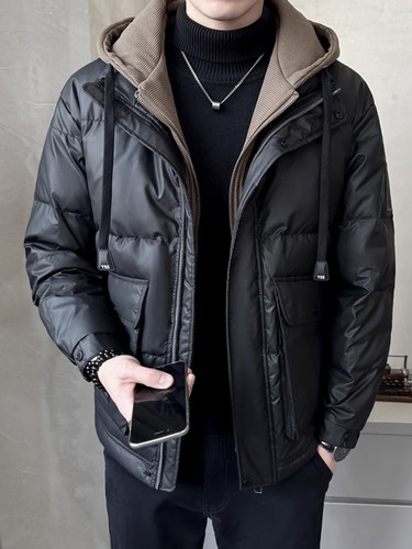 潮牌连帽PU皮羽绒服男士2025年新款冬季短款保暖加厚假两件皮外套