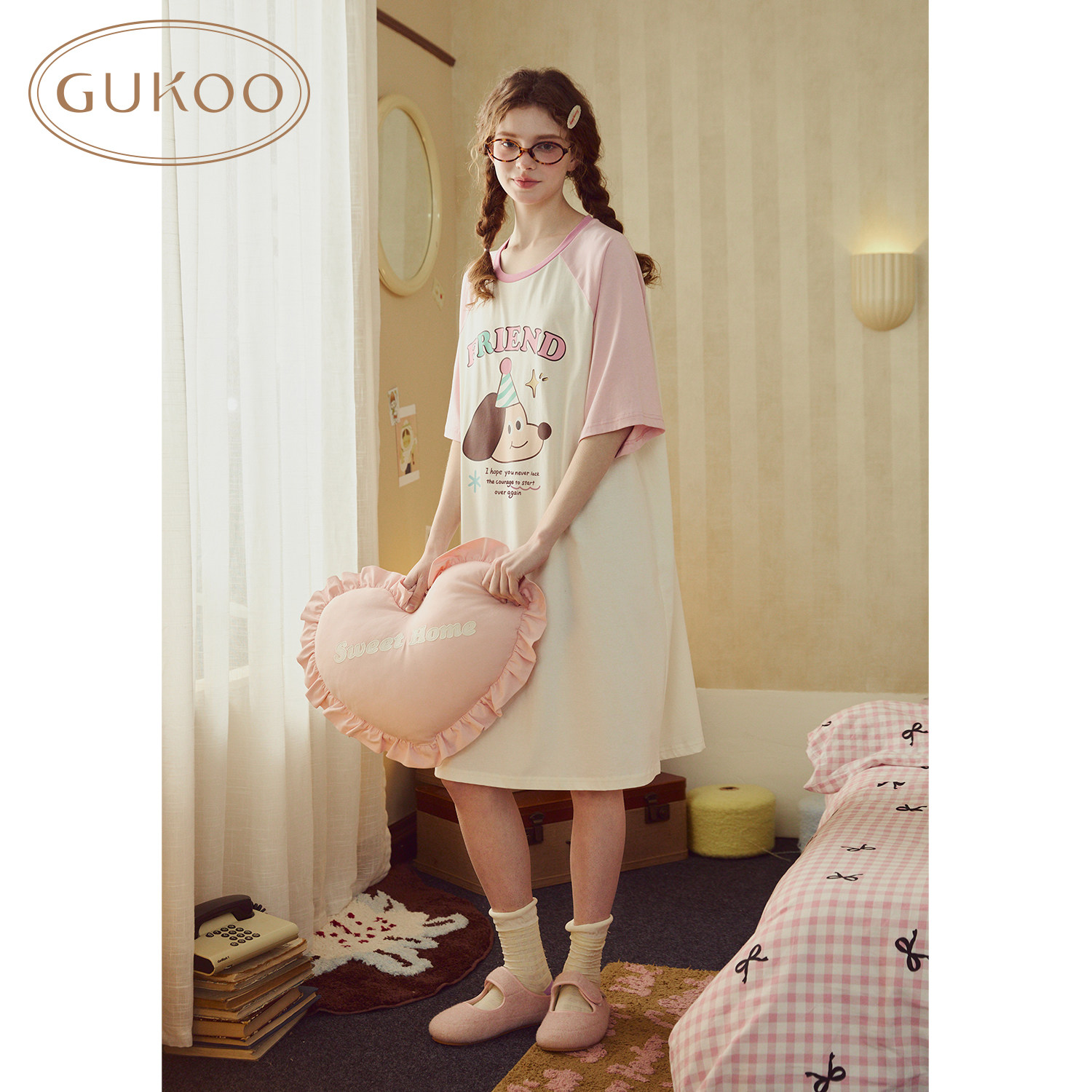 Gukoo/果壳睡裙女夏季轰轰小狗印花新款纯棉女士家居服睡裙B