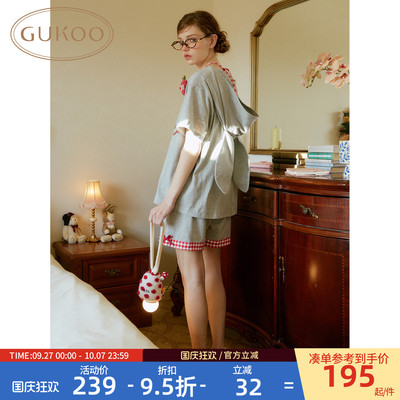Gukoo/果壳睡衣女夏季轰轰小狗连帽新款纯棉可爱女士家居服套装B