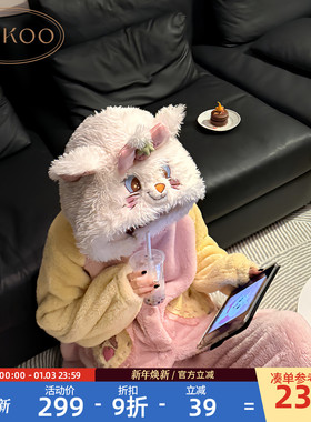 Gukoo/果壳睡衣女冬新款迪士尼情侣睡衣保暖珊瑚绒中长款套装D