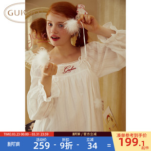 纯棉简约女士家居服睡裙A 网纱甜美新款 Gukoo 果壳睡裙女春秋款