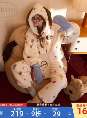 Gukoo/果壳睡衣女冬季轰轰小狗新款可爱毛绒薄绒女士家居服套装D