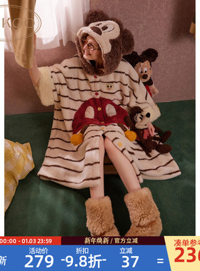 Gukoo/果壳睡袍女冬季迪士尼联名新款条纹珊瑚绒家居服斗篷睡袍D