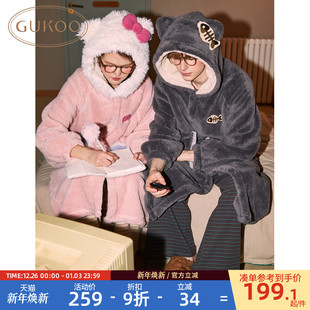 果壳情侣睡袍冬HelloKitty新款 家居服D 珊瑚绒睡衣女保暖浴袍男士