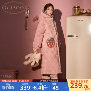 Gukoo 加厚女士睡衣粉色家居服女夹棉睡袍睡衣D 果壳睡袍女冬款