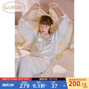 Gukoo/果壳长袖睡衣女春夏迪士尼联名新款格子冰丝女士家居套装A