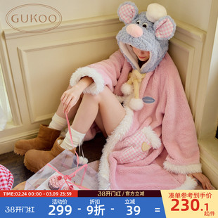 Gukoo/果壳睡袍女冬季毛绒保暖新款料理鼠王联名女士家居服套装D