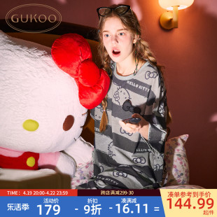 Gukoo 纯棉条纹女士家居睡裙B HelloKitty联名新款 果壳睡裙女夏季