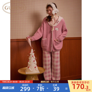 Gukoo/果壳睡衣女冬季mikko联名半边绒家居服套装D