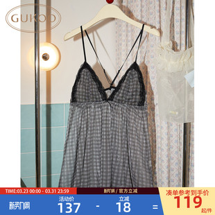 Gukoo 蕾丝边性感女士上衣吊带 果壳背心女春夏格子网纱新款