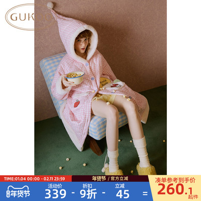 Gukoo/果壳睡袍冬季迪士尼联名新款格子夹棉可爱女士家居服睡袍D